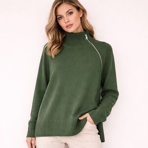 Soia & Kyo Mock Zip Knit Sweater Minimalist Evergreen Sz M